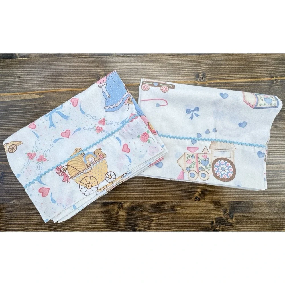 Vintage‎ Handmade Pillowcases Pair Nursery Teddy Bear Doll Kids Pastel Retro